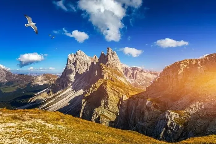 Framed Print : View on Seceda with birds flying over the peaks Framed Print : View on Seceda with birds flying over the peaks