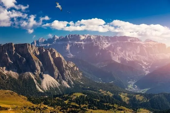 Framed Print : View on Seceda with birds flying over the peaks Framed Print : View on Seceda with birds flying over the peaks