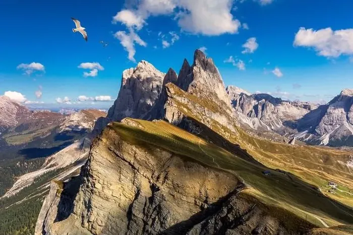 Framed Print : View on Seceda with birds flying over the peaks Framed Print : View on Seceda with birds flying over the peaks