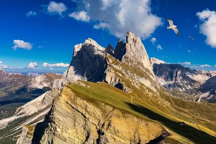 Framed Print : View on Seceda with birds flying over the peaks Framed Print : View on Seceda with birds flying over the peaks