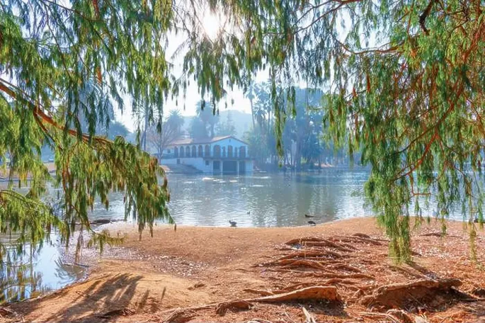 Framed Print : View of a serene pond surrounded by trees, featuring ducks along the shore and a scenic building in the background Framed Print : View of a serene pond surrounded by trees, featuring ducks along the shore and a scenic building in the background