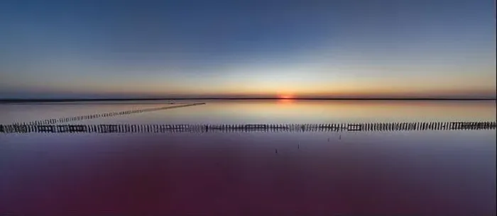 Framed Print : Top view of a shiny salty pink lake and a path along it Framed Print : Top view of a shiny salty pink lake and a path along it