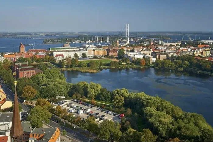 Framed Print : View from St. Mary's Church to the Rügen Bridge and the island of Dänholm in the Strelasund Framed Print : View from St. Mary's Church to the Rügen Bridge and the island of Dänholm in the Strelasund