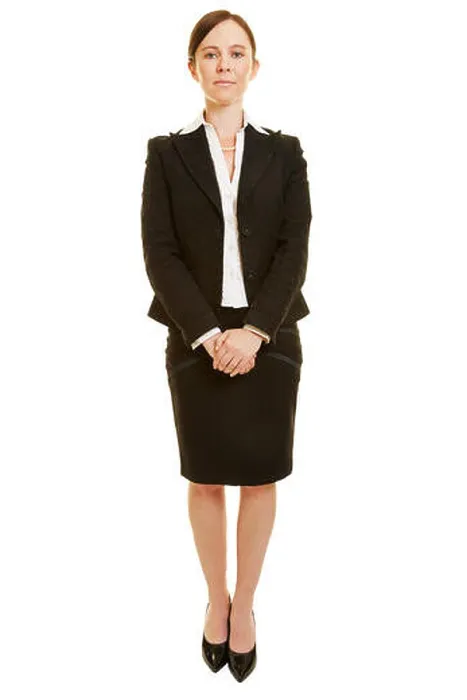 Framed Print : Front view of standing business woman as full body shot Framed Print : Front view of standing business woman as full body shot