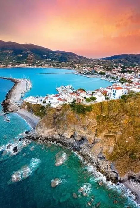 Framed Print : View of town and port at the island Skopelos, northern Sporades, Greece Framed Print : View of town and port at the island Skopelos, northern Sporades, Greece