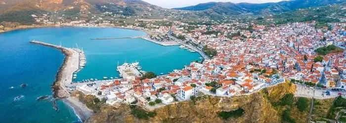 Framed Print : View of town and port at the island Skopelos, northern Sporades, Greece Framed Print : View of town and port at the island Skopelos, northern Sporades, Greece