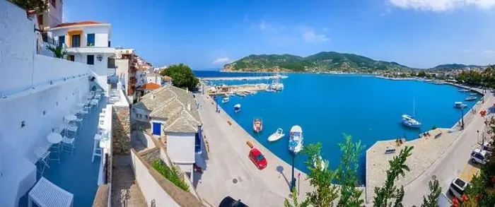 Framed Print : View of town and port at the island Skopelos, northern Sporades, Greece Framed Print : View of town and port at the island Skopelos, northern Sporades, Greece