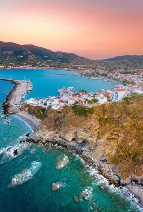 Framed Print : View of town and port at the island Skopelos, northern Sporades, Greece Framed Print : View of town and port at the island Skopelos, northern Sporades, Greece