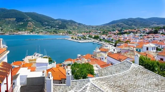 Framed Print : View of town and port at the island Skopelos, northern Sporades, Greece Framed Print : View of town and port at the island Skopelos, northern Sporades, Greece