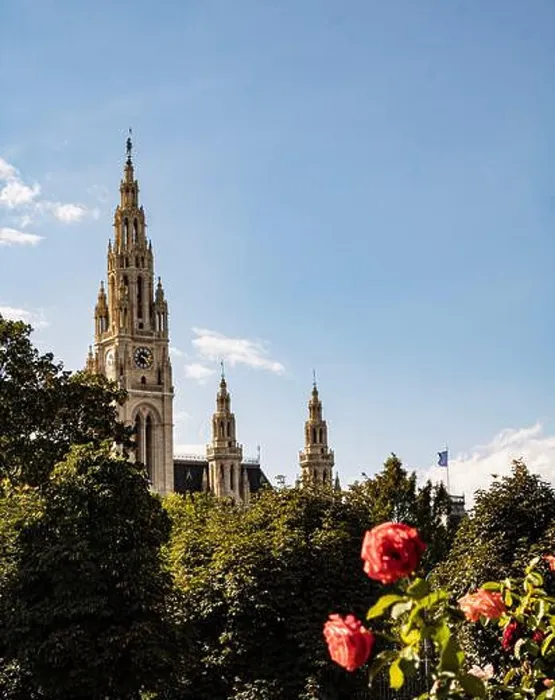 Framed Print : View of Vienna's Rathaus building (city hall) from the Volksgarden park on a summer sunny day Framed Print : View of Vienna's Rathaus building (city hall) from the Volksgarden park on a summer sunny day