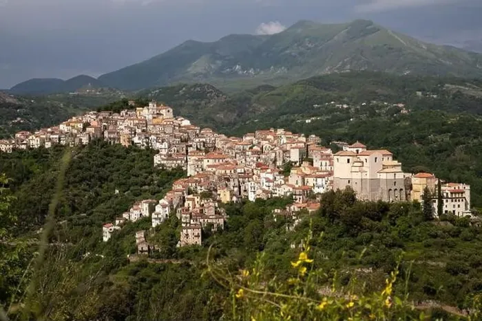 Framed Print : View of the white town of Rivello, Mediterranean mountain village in nature, Campania, Salerno Italy Framed Print : View of the white town of Rivello, Mediterranean mountain village in nature, Campania, Salerno Italy