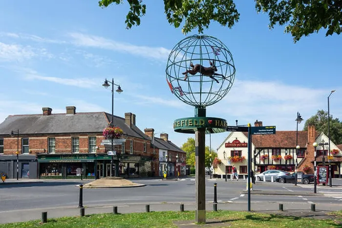 Framed Print : Village sign on The Green, Harefield, London Borough of Hillingdon, Greater London, England, United Kingdom