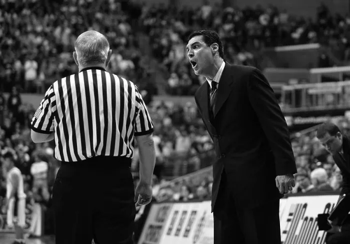 Framed Print : Villanova coach Jay Wright yells at a referee as Villanova Played UCONN in Connecticut EDITORIAL USE ONLY