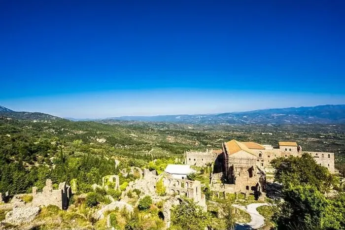 Framed Print : Villehardouin Castle and monastery aerial view. Mystras, Greece Framed Print : Villehardouin Castle and monastery aerial view. Mystras, Greece
