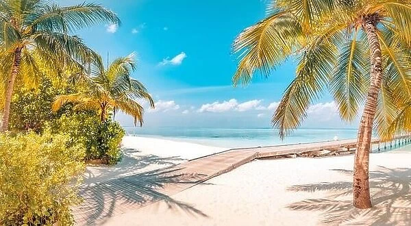 Vintage beach landscape, palm tree over white sand and wooden jetty into amazing sea. Luxury travel, summer holiday vacation banner. Exotic beach