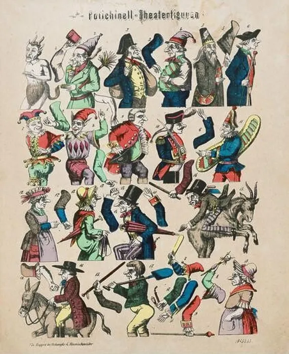 Framed Print : Vintage colour illustration of Polichinell Theatrical figures for cutting. 1880 Polichinelle is a character of the French folk theater: a hunchback, a Framed Print : Vintage colour illustration of Polichinell Theatrical figures for cutting. 1880 Polichinelle is a character of the French folk theater: a hunchback, a