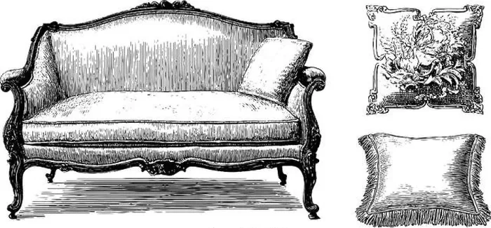 Framed Print : Vintage french settee and decorative cushions engraved illustration for antique furniture design Framed Print : Vintage french settee and decorative cushions engraved illustration for antique furniture design