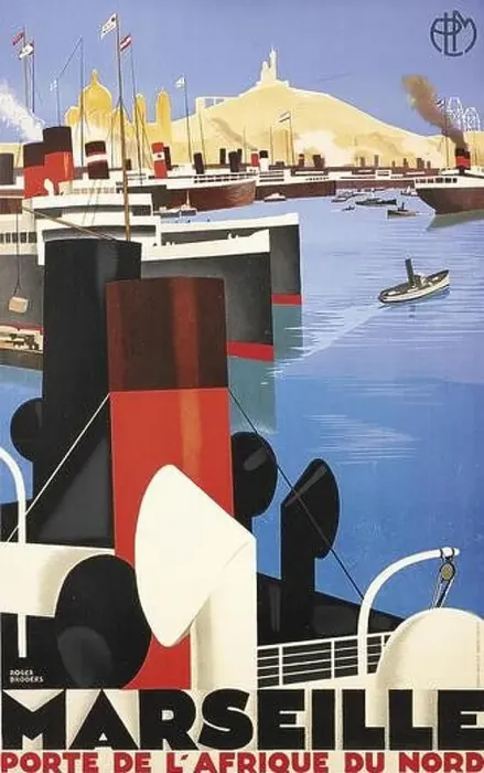 Framed Print : Vintage French Travel Poster by Roger Broders. Marseille- Porte de L'Afrique du Nord, showing ships in the city port Framed Print : Vintage French Travel Poster by Roger Broders. Marseille- Porte de L'Afrique du Nord, showing ships in the city port