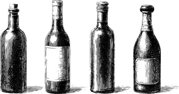 Framed Print : Four vintage glass bottles in black and white ink drawing Framed Print : Four vintage glass bottles in black and white ink drawing