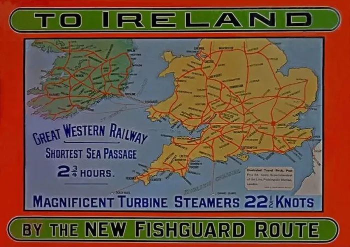 Framed Print : Vintage Great Western Railway advert for Fishguard to Ireland ferry steamer services Framed Print : Vintage Great Western Railway advert for Fishguard to Ireland ferry steamer services