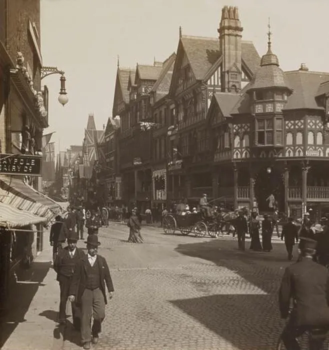 Framed Print : Vintage photo circa 1890 of Eastgate Street in Chester an historic town in England dating back to the medieval period Framed Print : Vintage photo circa 1890 of Eastgate Street in Chester an historic town in England dating back to the medieval period