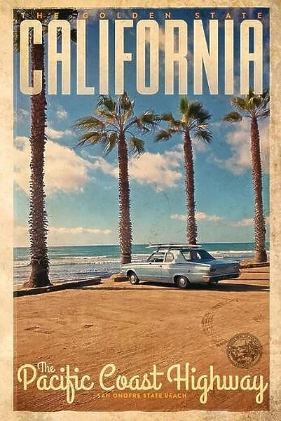Vintage travel Poster or advertisement from San Onofre Beach on Highway 1 in California