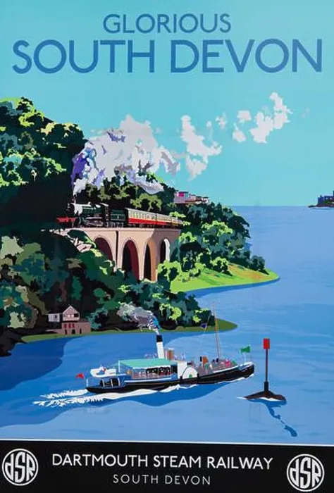 Framed Print : Vintage travel poster featuring the Dartmouth Steam Railway in South Devon with a ship in the foreground Framed Print : Vintage travel poster featuring the Dartmouth Steam Railway in South Devon with a ship in the foreground