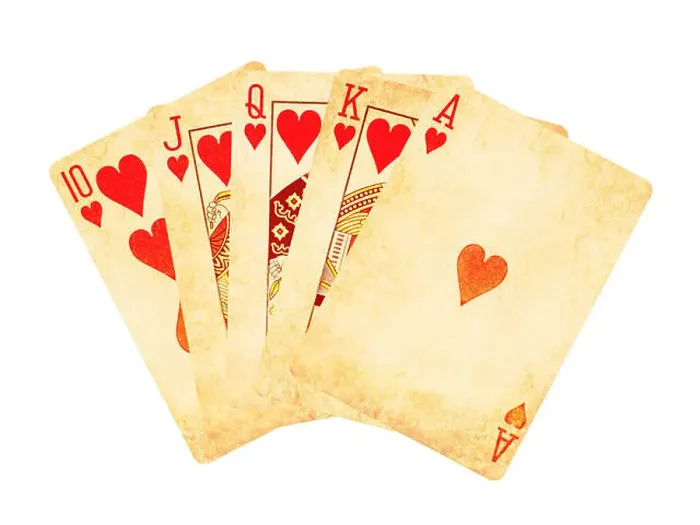 Framed Print : Vintage worn out hearts royal flush poker cards isolated on white