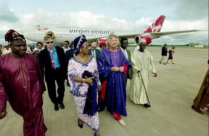Framed Print : Virgin airlines boss Sir Richard Branson arriving at Lagos Airport in Nigeria on their inaugural flight in 1999 Framed Print : Virgin airlines boss Sir Richard Branson arriving at Lagos Airport in Nigeria on their inaugural flight in 1999