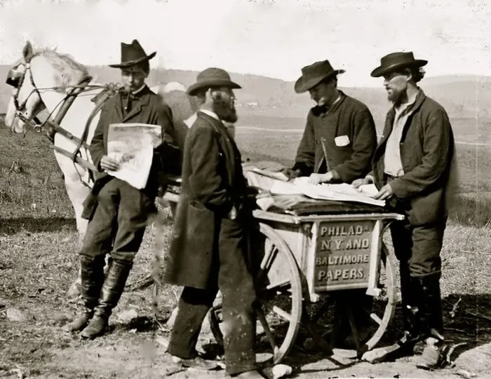 Framed Print : Virginia. Newspaper vendor and cart in camp Framed Print : Virginia. Newspaper vendor and cart in camp