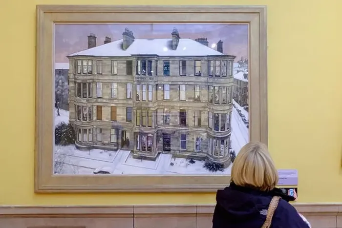 Framed Print : Visitor looking at painting Windows in the West by Avril Paton on display at Kelvingrove Art Gallery Framed Print : Visitor looking at painting Windows in the West by Avril Paton on display at Kelvingrove Art Gallery