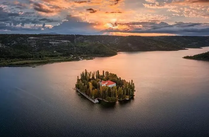Framed Print : Visovac, Croatia - Aerial panoramic view of Visovac Christian monastery in Krka National Park on a bright autumn Framed Print : Visovac, Croatia - Aerial panoramic view of Visovac Christian monastery in Krka National Park on a bright autumn