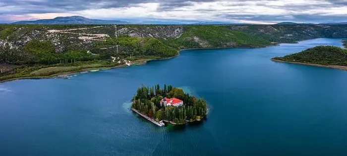 Framed Print : Visovac, Croatia - Aerial panoramic view of Visovac Christian monastery in Krka National Park on a summer morning with Framed Print : Visovac, Croatia - Aerial panoramic view of Visovac Christian monastery in Krka National Park on a summer morning with