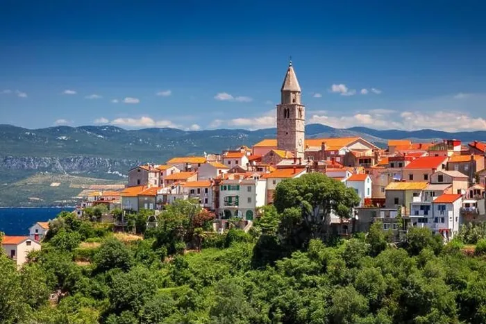 Framed Print : Vrbnik, Croatia. Aerial cityscape image of iconic village of Vrbnik, Croatia located on Krk Island at beautiful summer day