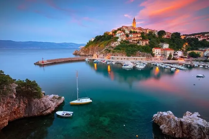 Framed Print : Vrbnik, Croatia. Aerial cityscape image of iconic village of Vrbnik, Croatia located on Krk Island at summer sunset