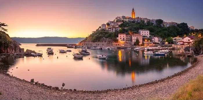 Framed Print : Vrbnik, Croatia. Cityscape image of iconic village of Vrbnik, Croatia located on Krk Island at summer sunrise
