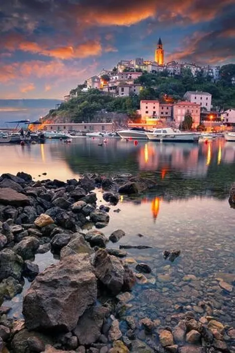 Framed Print : Vrbnik, Croatia. Cityscape image of iconic village of Vrbnik, Croatia located on Krk Island at summer sunrise