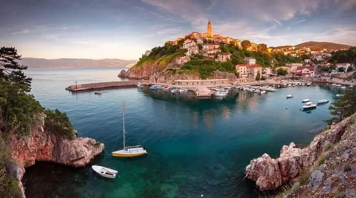 Framed Print : Vrbnik, Croatia. Panoramic aerial cityscape image of iconic village of Vrbnik, Croatia located on Krk Island at summer sunset