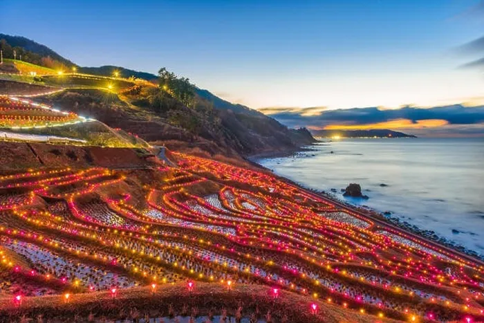 Framed Print : Wajima, Japan at Shiroyone Senmaida rice terraces night light up Framed Print : Wajima, Japan at Shiroyone Senmaida rice terraces night light up