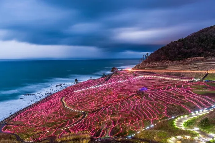 Framed Print : Wajima, Japan at Shiroyone Senmaida rice terraces during a winter light up Framed Print : Wajima, Japan at Shiroyone Senmaida rice terraces during a winter light up