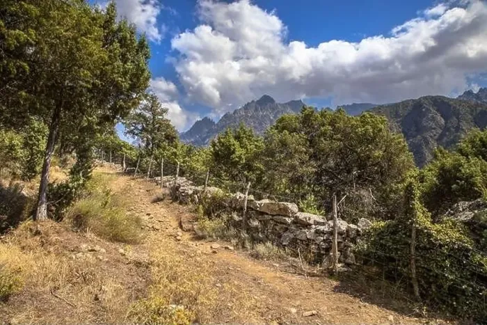 Framed Print : Walking track in Asco river gorge with view on Cinto mountain in Haute Corse on corsica island, France Framed Print : Walking track in Asco river gorge with view on Cinto mountain in Haute Corse on corsica island, France