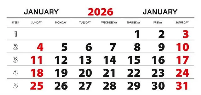Framed Print : Wall calendar 2026 for january, week start from sunday. Block size 297x140 mm