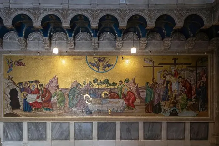 Framed Print : A wall mosaic painting depicting Jesus Christ's body being prepared after his death