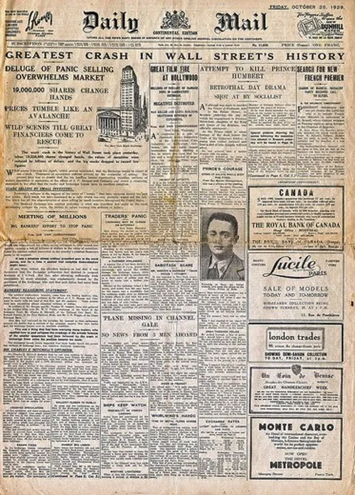 Framed Print : Wall Street crash newspaper headline 1929 Framed Print : Wall Street crash newspaper headline 1929