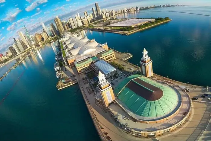 Framed Print : Warped wide panorama from drone of Navy Pier with Chicago skyline in distance Framed Print : Warped wide panorama from drone of Navy Pier with Chicago skyline in distance