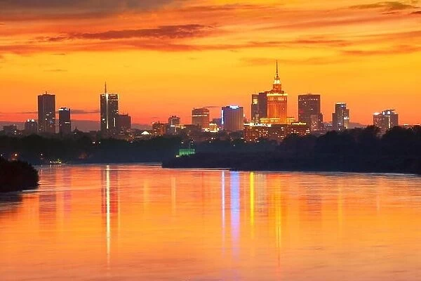 Warsaw panoramic cityscape after sunset, Vistula River, Warsaw, Poland