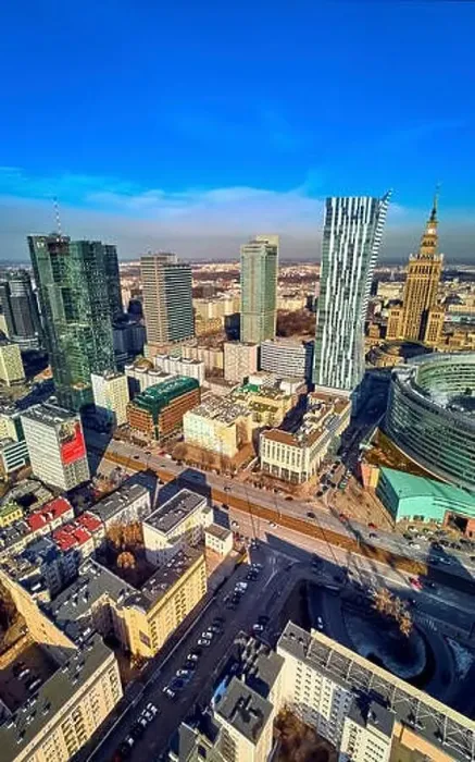 Framed Print : WARSAW, POLAND - FEBRUARY 23, 2019: Beautiful panoramic aerial drone view to the center of Warsaw City and Zlota 44 Framed Print : WARSAW, POLAND - FEBRUARY 23, 2019: Beautiful panoramic aerial drone view to the center of Warsaw City and Zlota 44