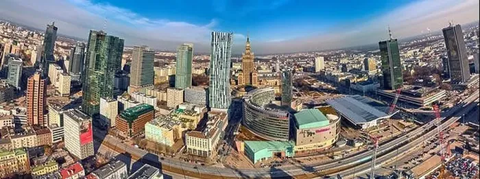 Framed Print : WARSAW, POLAND - FEBRUARY 23, 2019: Beautiful panoramic aerial drone view to the center of Warsaw City and Zlota 44