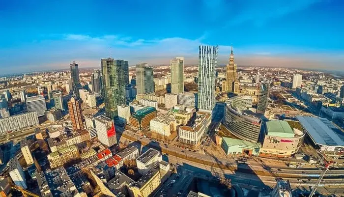 Framed Print : WARSAW, POLAND - FEBRUARY 23, 2019: Beautiful panoramic aerial drone view to the center of Warsaw City and Zlota 44 Framed Print : WARSAW, POLAND - FEBRUARY 23, 2019: Beautiful panoramic aerial drone view to the center of Warsaw City and Zlota 44