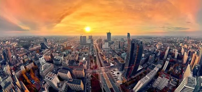 Framed Print : WARSAW, POLAND - OCTOBER 19, 2019: Beautiful panoramic aerial drone view to panorama cityscape of Warsaw modern City Framed Print : WARSAW, POLAND - OCTOBER 19, 2019: Beautiful panoramic aerial drone view to panorama cityscape of Warsaw modern City